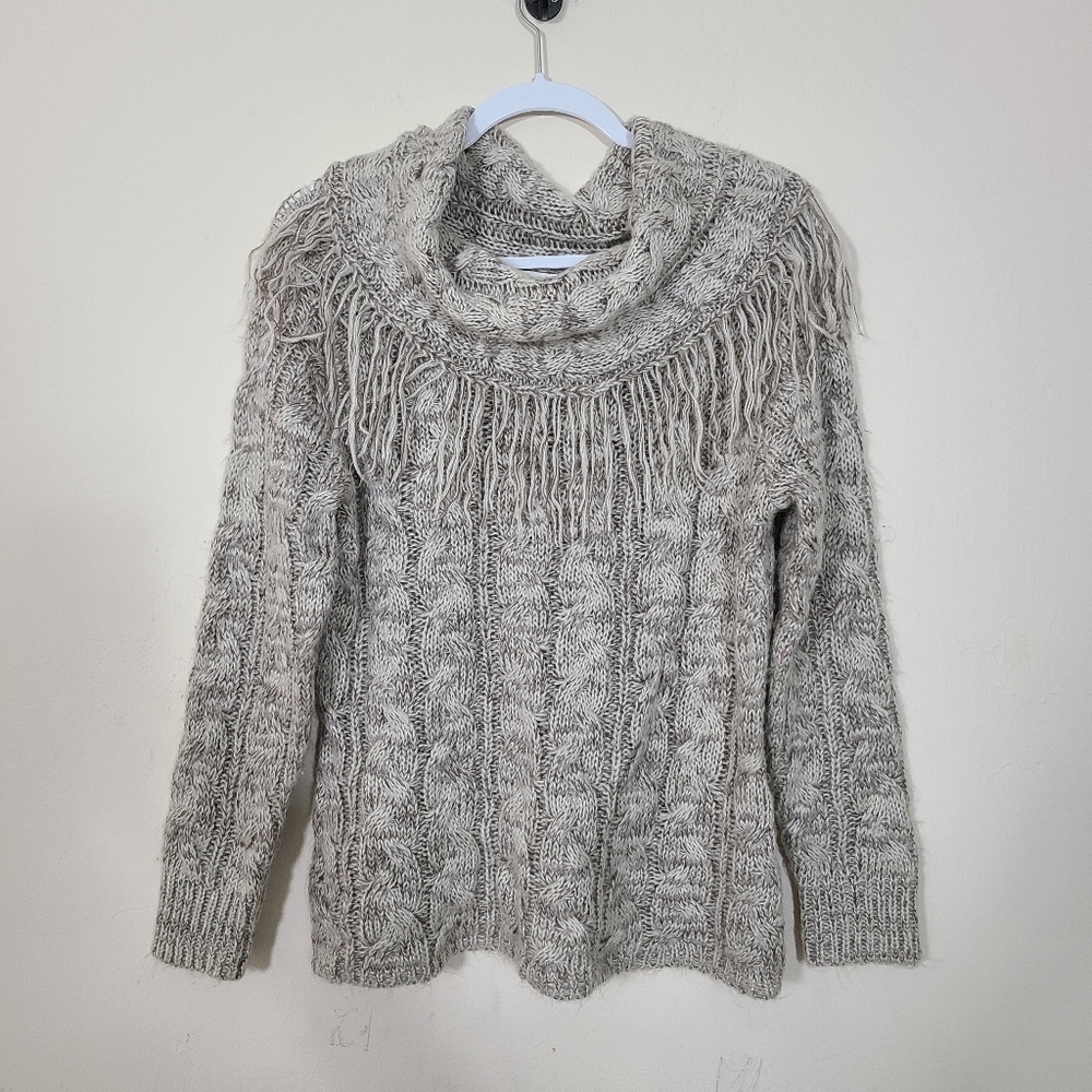 CATO‎ Gray Cable Knit Womens L Sweater Fringe Cowl Neck Chunky Winter Neutral